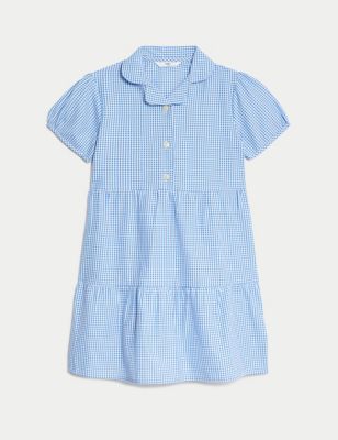 M&S Girls Cotton Rich Tiered School Dress (2-14 Years) - 7-8 Y - Light Blue, Light Blue