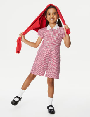 M&S Girls Gingham School Playsuit (2-14 Yrs) - 8-9 Y - Red, Red,Yellow,Navy,Light Blue,Lilac,Mid Blu