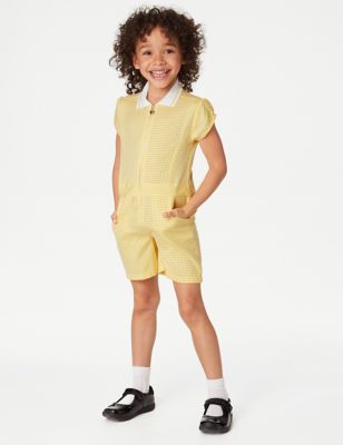 M&S Girls Gingham School Playsuit (2-14 Yrs) - 7-8 Y - Yellow, Yellow,Navy,Light Blue,Lilac,Red,Gree
