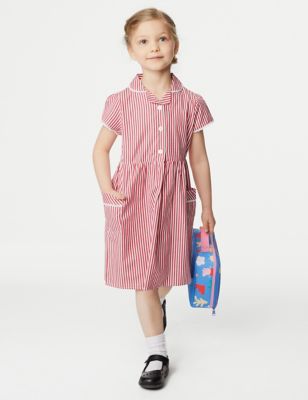 M&S Girls Girl's Pure Cotton Striped School Dress (2-14 Yrs) - 6-7 Y - Red, Red,Green,Navy,Yellow,Mi