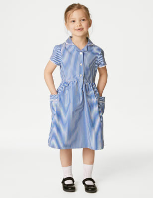 M&S Girls Pure Cotton Striped School Dress (2-14 Yrs) - 13-14 - Mid Blue, Mid Blue,Navy,Yellow,Red