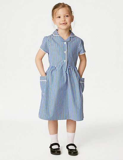 M&S Collection Girls' Pure Cotton Striped School Dress (2-14 Yrs) - 13-14 - Mid Blue, Mid Blue
