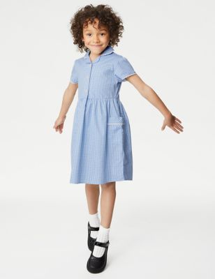 M&S Girls Pure Cotton Gingham School Dress (2-14 Yrs) - 2-3 Y - Light Blue, Light Blue,Lilac,Mid Blu