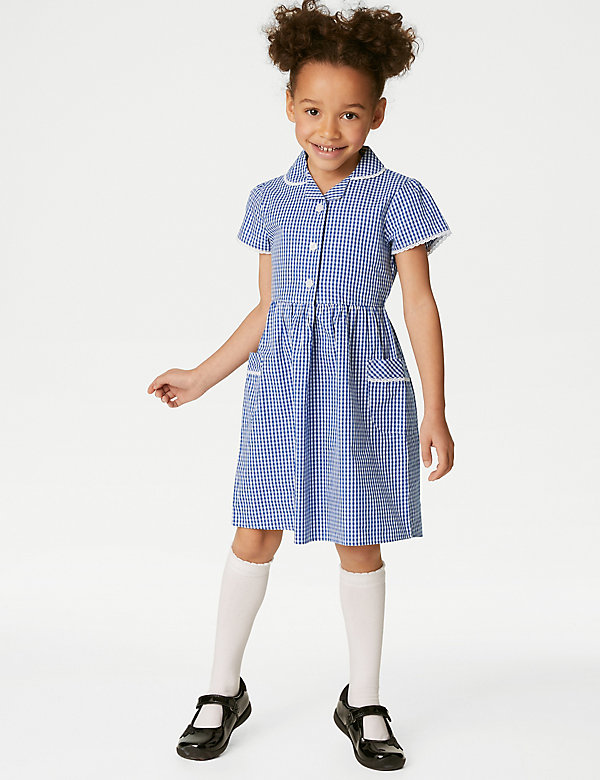 Girls' Pure Cotton Gingham School Dress (2-14 Yrs) - OM