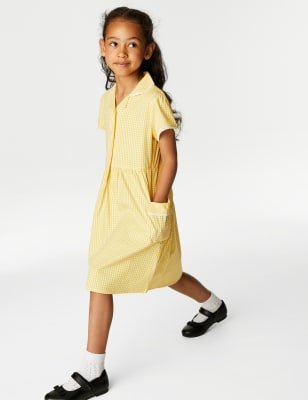 M&S Girls Pure Cotton Gingham School Dress (2-14 Yrs) - 3-4 Y - Yellow, Yellow,Lilac,Light Blue,Mid 