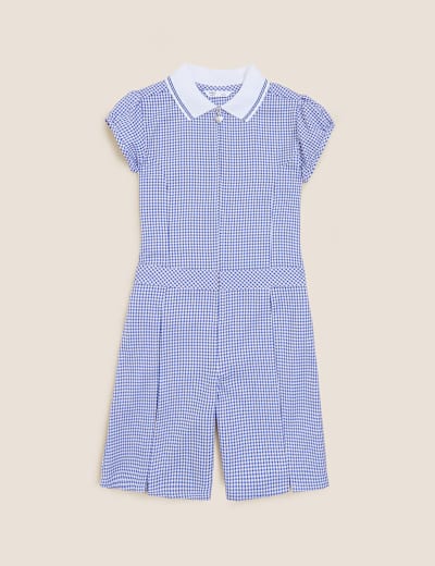 Girls' Gingham Pleated Zip School Playsuit (2-14 Yrs)
