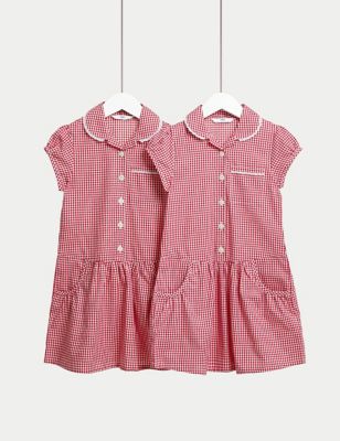 M&S Girls 2-Pack Cotton Plus Fit School Dresses (4-14 Yrs) - 10-11 - Red, Red,Mid Blue