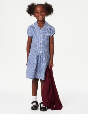 M&S Girls 2-Pack Cotton Plus Fit School Dresses (4-14 Yrs) - 7-8 Y - Mid Blue, Mid Blue,Red