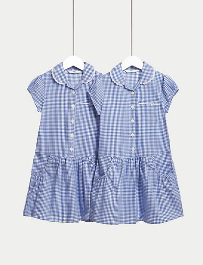 M&S Collection 2Pk Girls' Cotton Plus Fit School Dresses (4-14 Yrs) - 11-12 - Mid Blue, Mid Blue