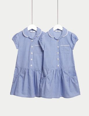 M&S Girls 2-Pack Cotton Rich Gingham School Dresses (2-14 Yrs) - 7-8 Y - Mid Blue, Mid Blue,Lilac,Pi