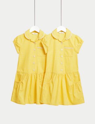 Lot de 2 robes filles en coton à carreaux Vichy, idéales pour l'école - Yellow