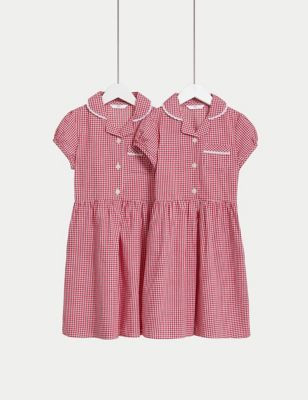 M&S Girls 2pk Girl's Cotton Rich School Dresses (2-14 Yrs) - 12-13 - Red, Red,Mid Blue