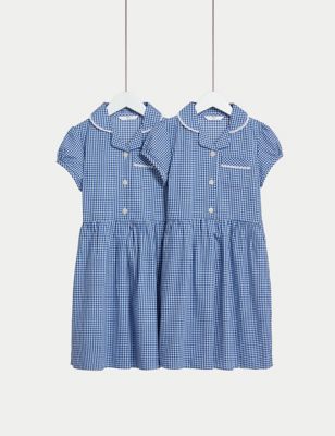 M&S Girls 2pk Girl's Cotton Rich School Dresses (2-14 Yrs) - 2-3 Y - Mid Blue, Mid Blue,Red