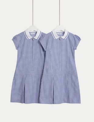 M&S Girls 2pk Girl's Cotton Rich Gingham School Dress (2-14 Yrs) - 2-3 Y - Mid Blue, Mid Blue