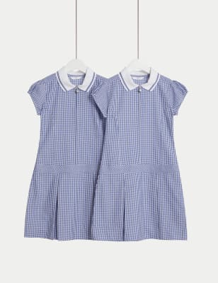 M&S Girls 2-Pack Cotton Rich Gingham School Dress (2-14 Yrs) - 2-3 Y - Mid Blue, Mid Blue