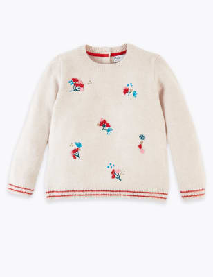 Pull en maille de coton &agrave; broderies fleuries (du 3&nbsp;mois au 7&nbsp;ans)