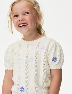 M&S Girl's Pure Cotton Floral Knitted Top (2-8 Yrs) - 3-4 Y - Ivory, Ivory