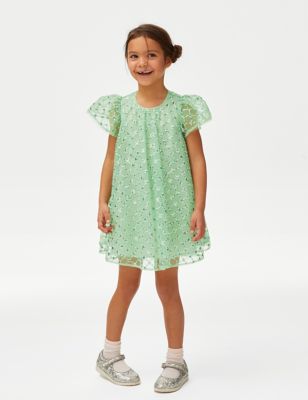 M&S Girls Mesh Sequin Dress (2-7 Yrs) - 2-3 Y - Light Turquoise, Light Turquoise,Ivory