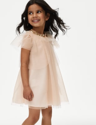 M&S Girl's 2pc Tulle Glitter Dress and Cape (2-7 Yrs) - 3-4 Y - Blush, Blush,Pearl Grey