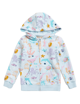 

M&S Collection Sudadera con capucha de algodón con estampado de vida marina (2-7 años) - Aqua, Aqua