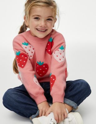 M&S Girls Knitted Strawberry Jumper (2-8 Yrs) - 5-6 Y - Pink Mix, Pink Mix