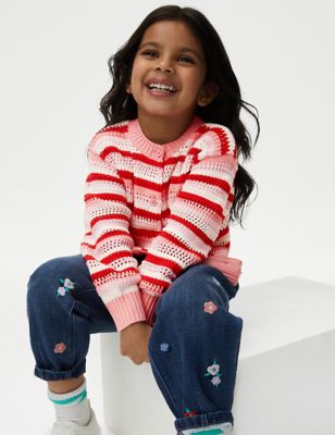 M&S Girls Pure Cotton Striped Knitted Cardigan (2-8 Yrs) - 3-4 Y - Red Mix, Red Mix