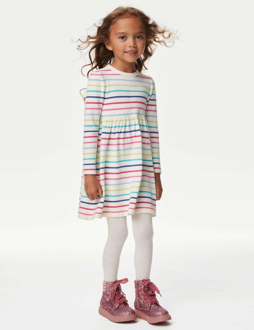 Rainbow Striped Dress with Tights (2-8 Yrs) image 1