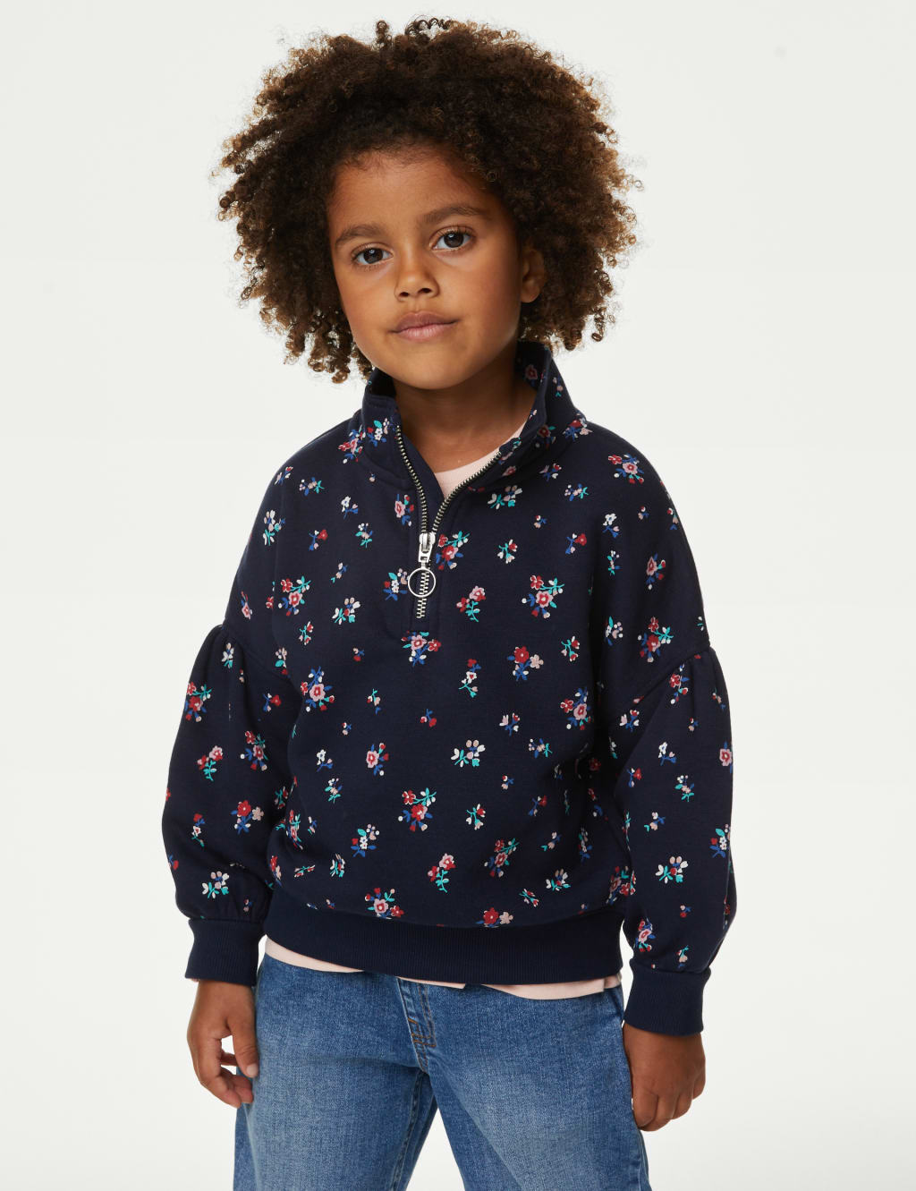 Cotton Rich Floral Half Zip Sweatshirt (2-8 Yrs) image 1