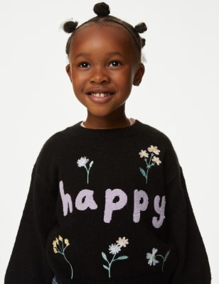 

Girls M&S Collection Knitted Happy Slogan Jumper with Wool (2-8 Yrs) - Carbon, Carbon