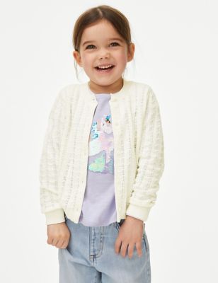 M&S Girl's Pure Cotton Pointelle Cardigan (2-8 Yrs) - 2-3 Y - Ivory, Ivory,Light Lilac,Light Turquoi