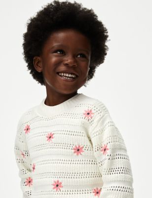 M&S Girls Pure Cotton Knitted Floral Jumper (2-8 Yrs) - 2-3 Y - Ivory Mix, Ivory Mix,Blue Mix
