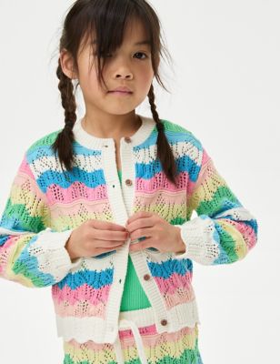 M&S Girl's Cotton Rich Pointelle Cardigan (2-8 Yrs) - 2-3 Y - Multi, Multi,Green Mix