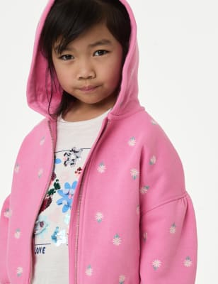 M&S Girls Cotton Rich Printed Zip Through Hoodien (2-8 Yrs) - 4-5 Y - Pink, Pink