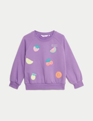M&S Girls Cotton Rich Print Sequin Sweatshirt (2-8 Yrs) - 2-3 Y - Purple, Purple,Green