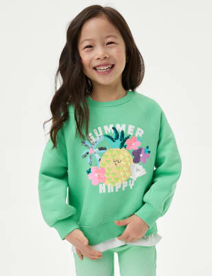 M&S Girls Cotton Rich Print Sequin Sweatshirt (2-8 Yrs) - 5-6 Y - Green, Green,Purple