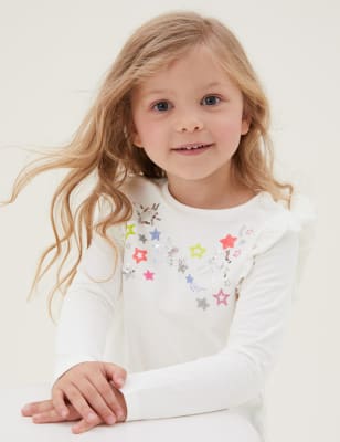 

M&S Collection Oberteil aus reiner Baumwolle mit Pailletten und Sternmuster (2-7 Jahre) - White, White