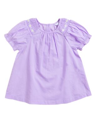 Girls M&S Collection Pure Cotton Daisy Embroidered Top (2-7 Yrs) - Lilac