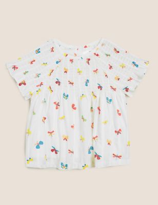 Cotton Butterfly Print Top (2-7 Yrs) | M&S