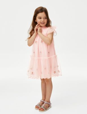 M&S Girl's Floral Embroidery Dress (2-7 Yrs) - 2-3 Y - Light Pink, Light Pink,Pale Yellow