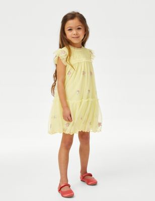 M&S Girls Floral Embroidery Dress (2-7 Yrs) - 3-4 Y - Pale Yellow, Pale Yellow,Light Pink