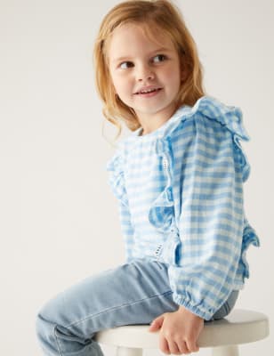 

M&S Collection Bluse aus reiner Baumwolle mit Gingham-Muster (2-8 J.) - Blue, Blue