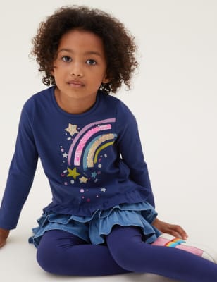 

M&S Collection Oberteil aus reiner Baumwolle mit Regenbogen und Pailletten - Navy, Navy