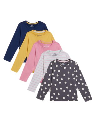M&S Girls 5pk Pure Cotton Printed Tops (2-7 Yrs)
