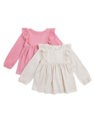 M&S Girls 2pk Pure Cotton Broderie Tops (2-7 Yrs)