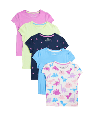 

Girls M&S Collection 5pk Cotton Rich Dinosaur & Plain Tops (2-7 Yrs) - Purple, Purple