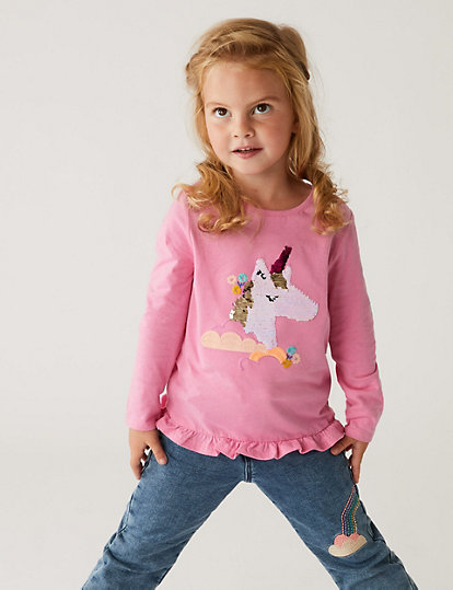 Long Sleeve Top Girls T-Shirt Unicorn Sequin 