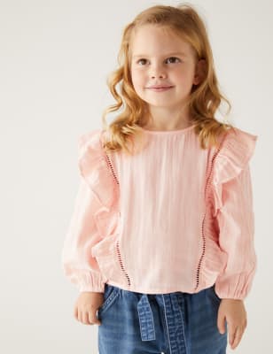 

M&S Collection Bluse aus reiner Baumwolle mit Volant (2-8 J.) - Pink, Pink