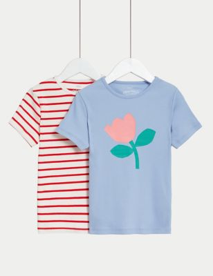 M&S Girl's 2pk Cotton Rich Printed T-Shirts (2-8 Yrs) - 5-6 Y - Multi, Multi