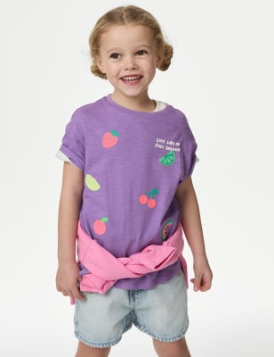 

Girls M&S Collection Pure Cotton Fruit Embroidered T-shirt (2-8 Yrs) - Purple, Purple