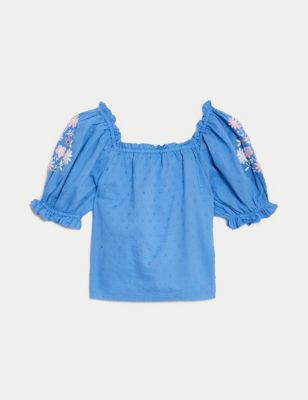 M&S Girls Pure Cotton Floral Embroidered Top (2-8 Yrs) - 3-4 Y - Fresh Blue, Fresh Blue
